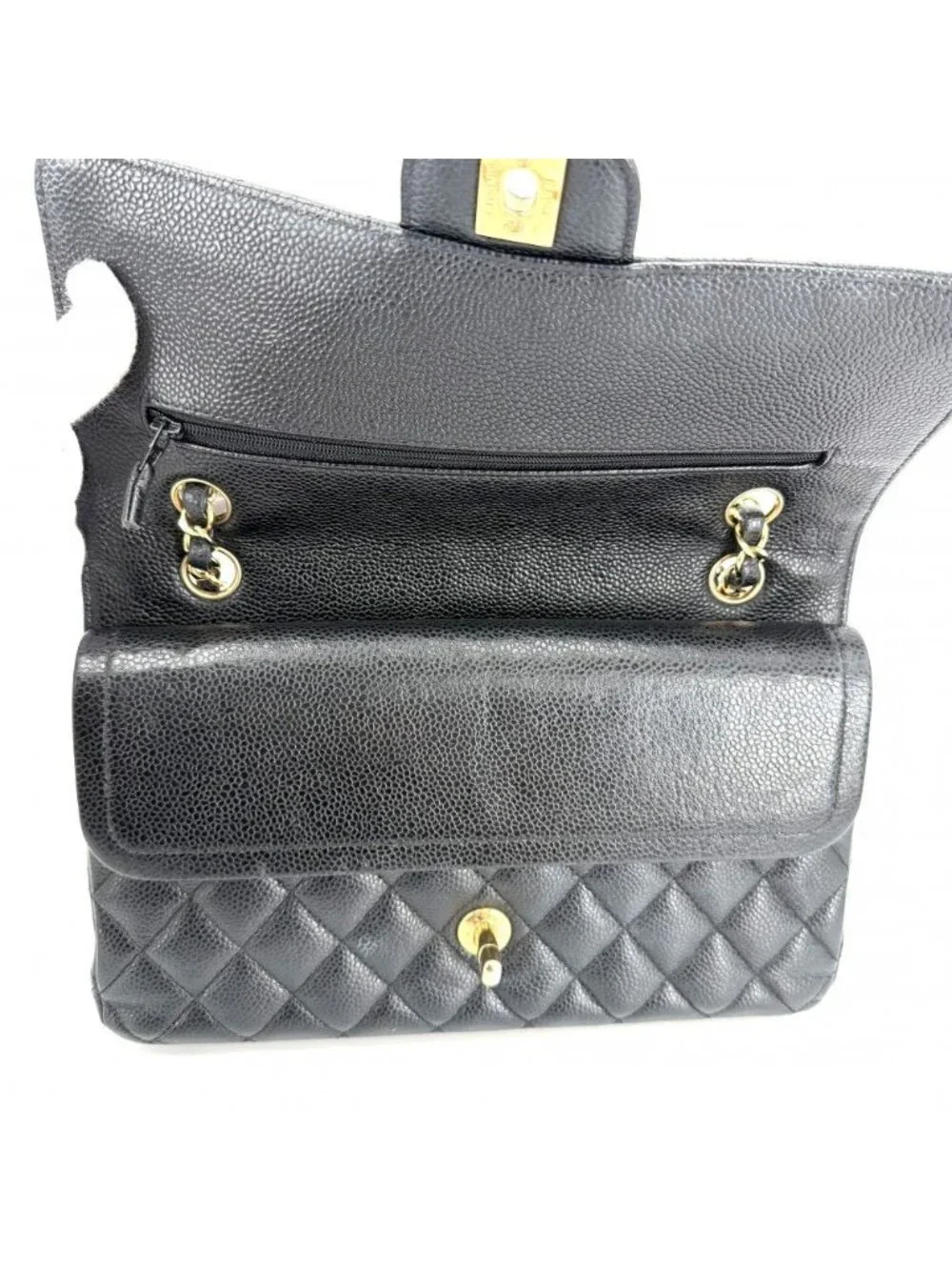 Chanel Shoulder Bag Quilted 25 Double Chain Bull Flap Caviar Leather Black Gold